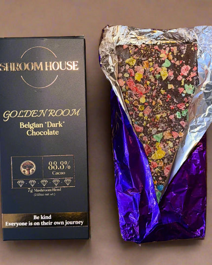 Shroom House Golden Room Dark Chocolate Bar – 33.3% Cacao