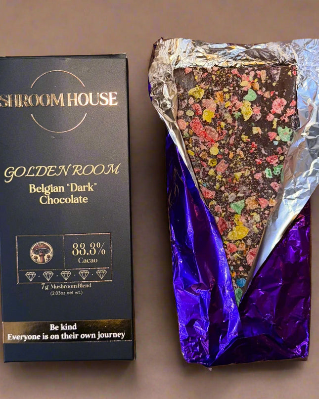 Shroom House Golden Room Dark Chocolate Bar – 33.3% Cacao