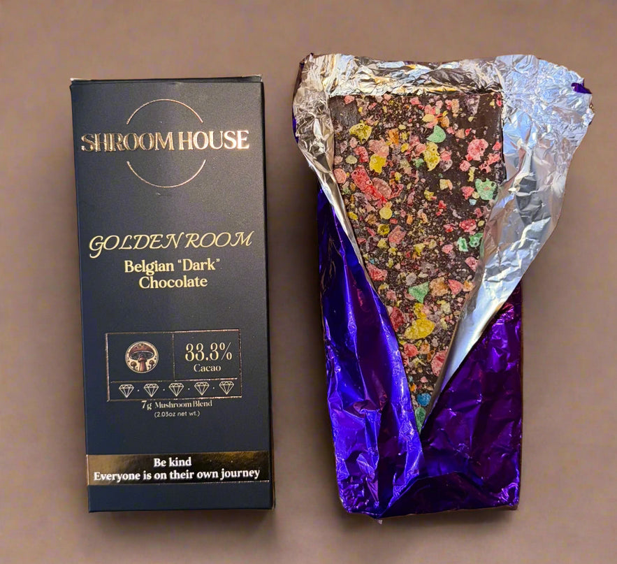 Shroom House Golden Room Dark Chocolate Bar – 33.3% Cacao