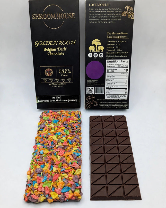 Shroom House Golden Room Belgian Dark Chocolate Bar - official product photo